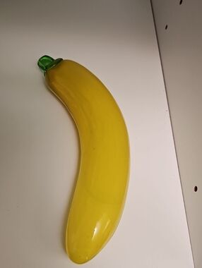 Glass Banana Sculpture - Yellow with Green Stem Vintage